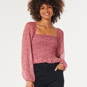 Hollister Pink Floral‎ Smocked Long Sleeve Blouse XS